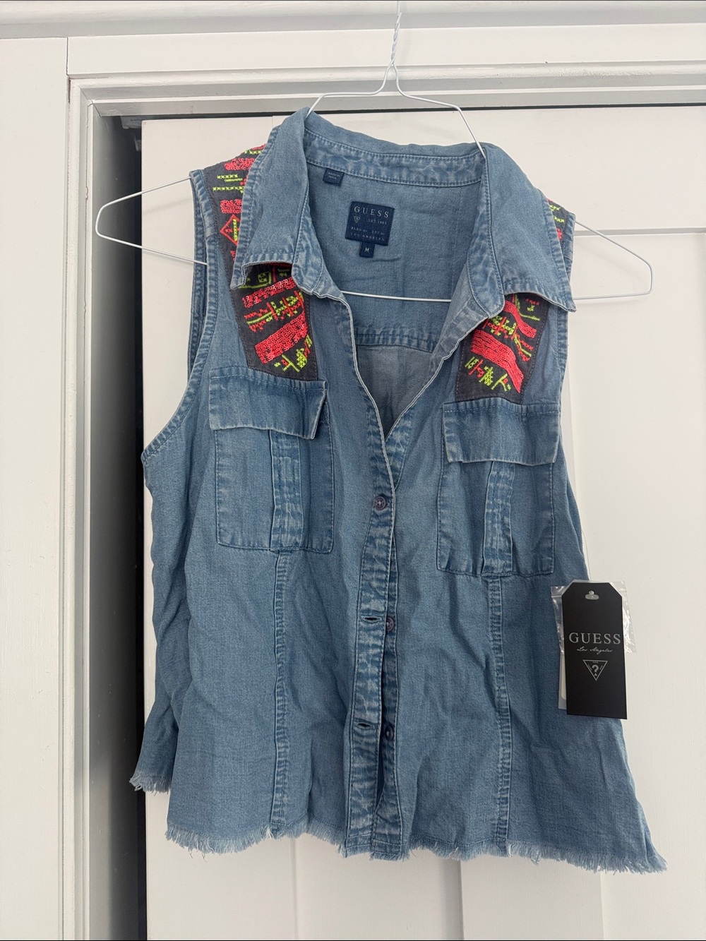 GUESS Denim Button-Front Sleeveless Tank with Neon Embroidered Shoulders